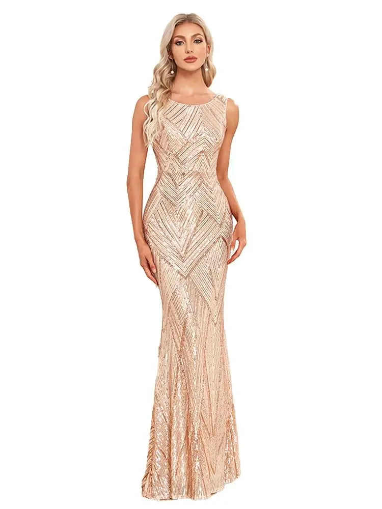 Women's Sleeveless Round Neck Luxurious Party Dress Mermaid Shiny Bright Long Evening Gown Sexy Mermaid Skirt Gold