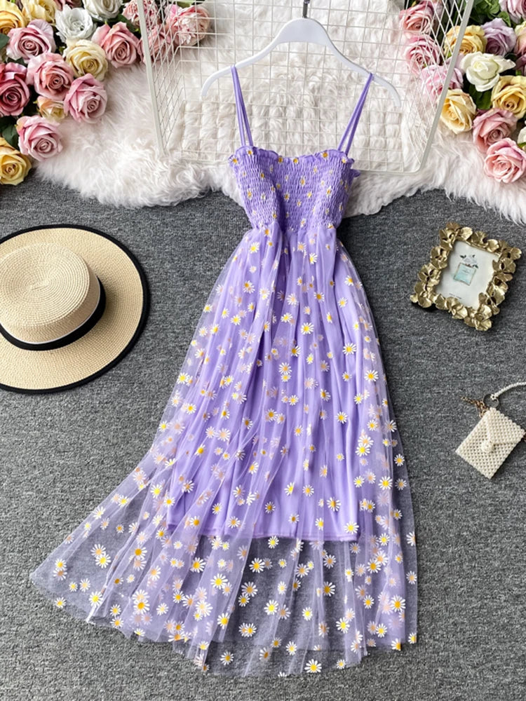 Summer Beach Mesh Floral Dress Women Vintage Elegant Sexy Beach Sundress Woman Party Night Korean Kawaii Vestidos Purple One Size