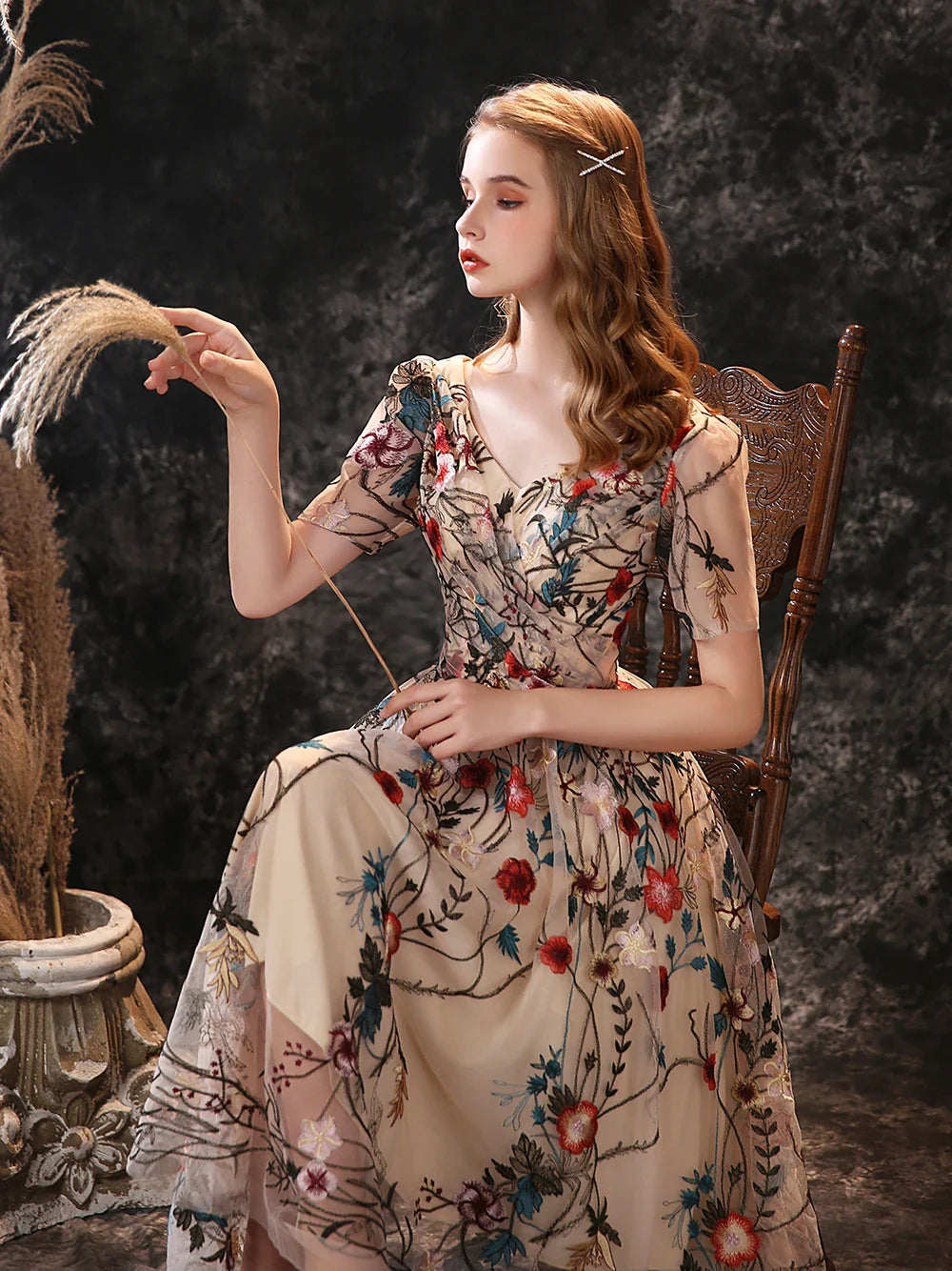 Floral Fancy Tea Length Evening Dresses with Short Sleeves Sexy V Neck Embroidery Flower Prom Gown