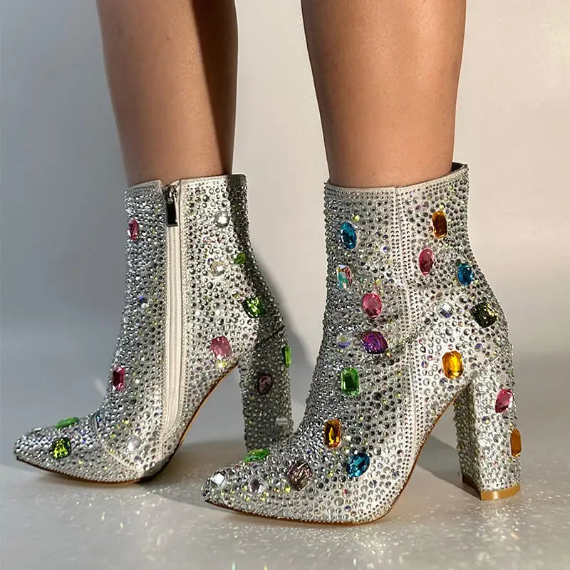 Women Rhinestones Ankle Boots Pointed Toe Zipper Luxury Bling Party Dress Big Size Lady Booties