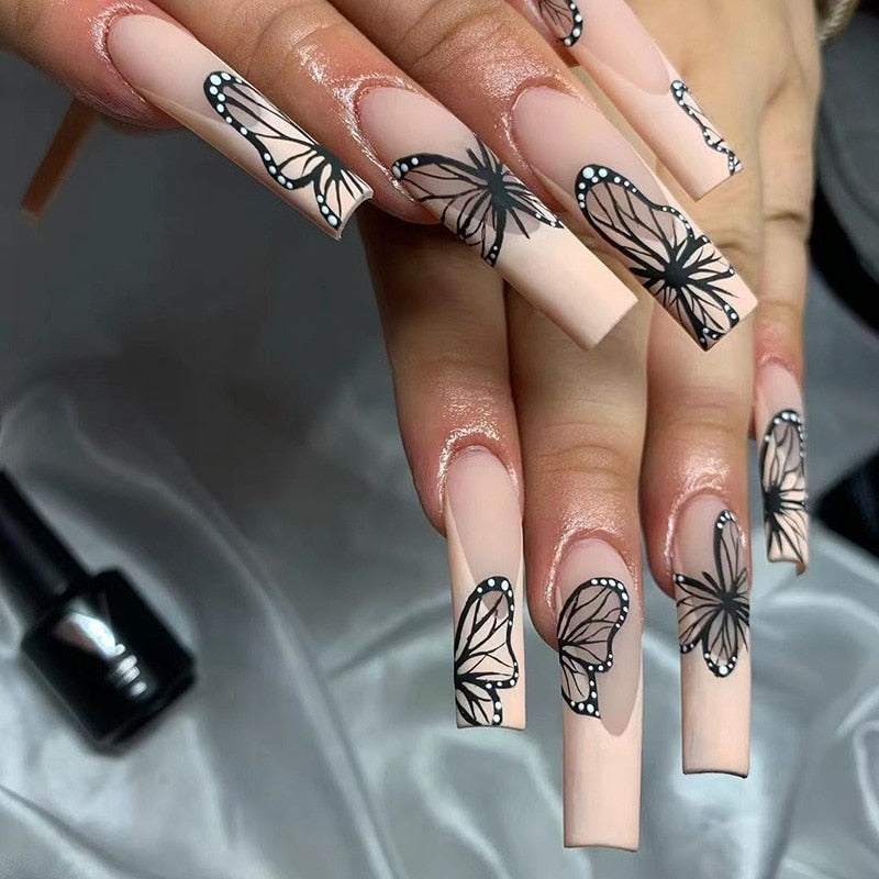 Sea Wave Carp Japanese Style Doodle False Nails Detachable Nude Pink Long Coffin Fake Nails with Glue Full Cover Press on Nails MT649JP1616