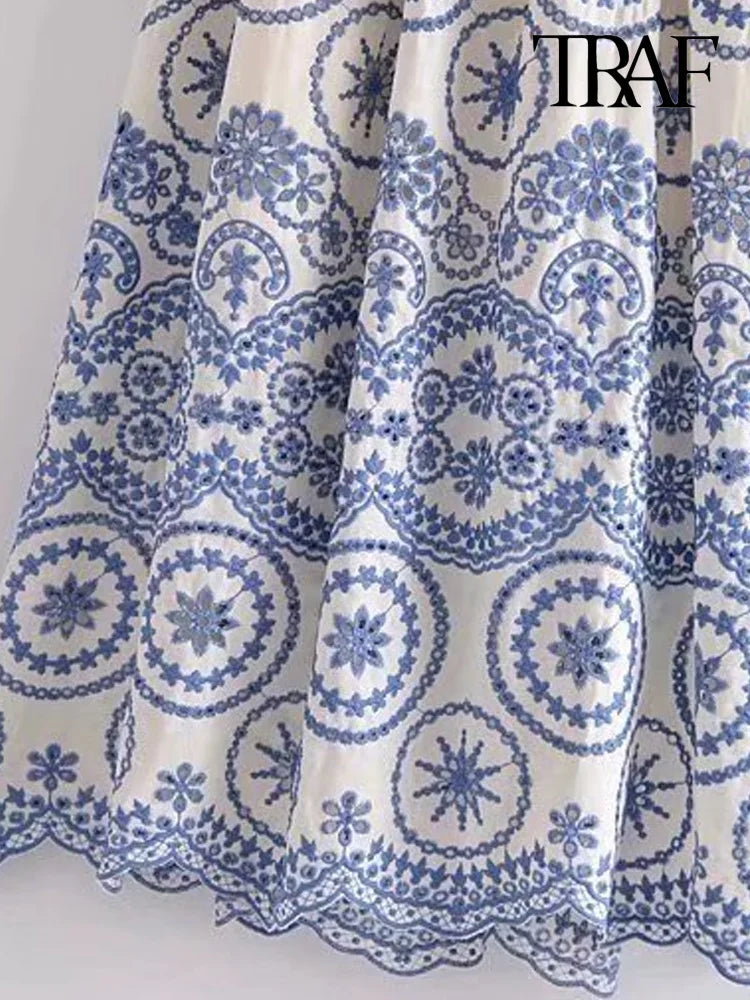 TRAF Women Fashion Cutwork Embroidery Smocked Midi Dress Vintage Backless Ruffled Straps Female Dresses Vestidos Mujer