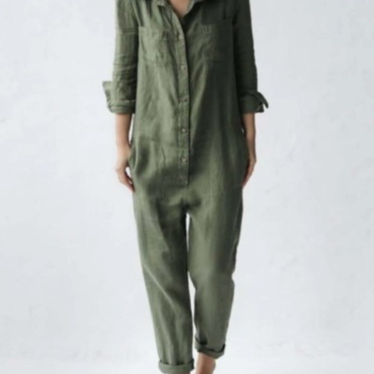 Vintage Cotton Overalls Mujer Women Jumpsuits Spring Long Sleeve Buttons One Piece Outfit Chic Tunic Oversized Green Jumpsuit