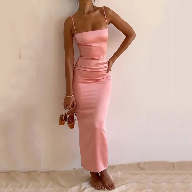 Women Maxi Dress Summer Satin Pink Solid Square Neck Suspender Slim Formal Occasion Evening Party Dresses Free Shipping Pink