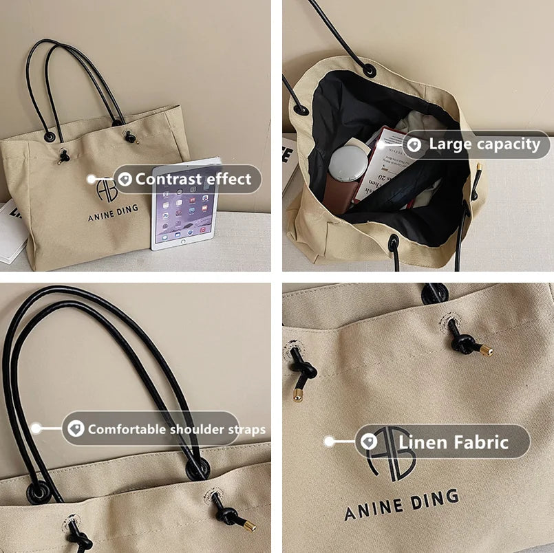 Summer Brand Designer Linen Solid Large Capacity Shoulder Tote Bag Letter Printed Casual Beach Bag For Women сумка женская