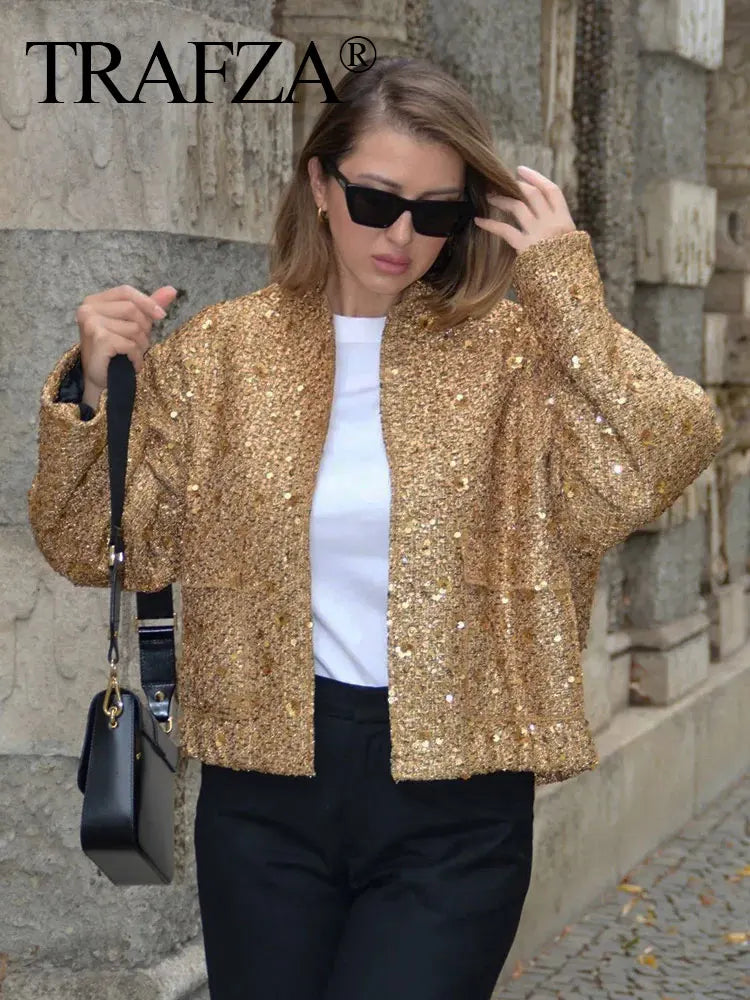 TRAFZA Woman Button Long Sleeve Jacket With Pockets Autumn Chic Outwear Women Sequin Shinny Gold Coat Fashion Streetwear Elegant