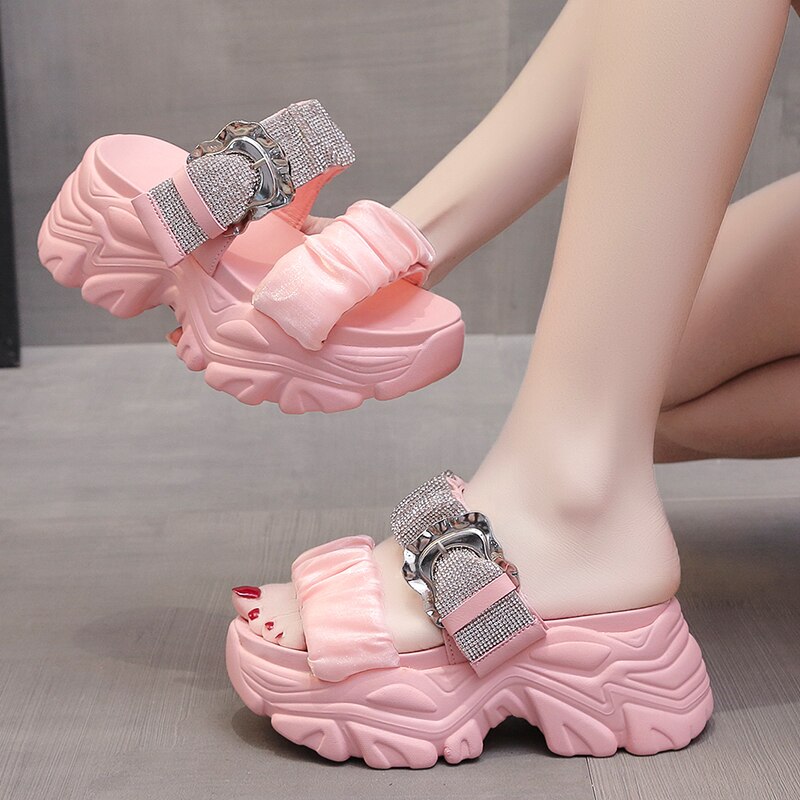 Thick-soled Slippers Women's Summer New Outerwear Fashion Rhinestone Inner Heightening Slimming Slope Heel Sandals and Slippers