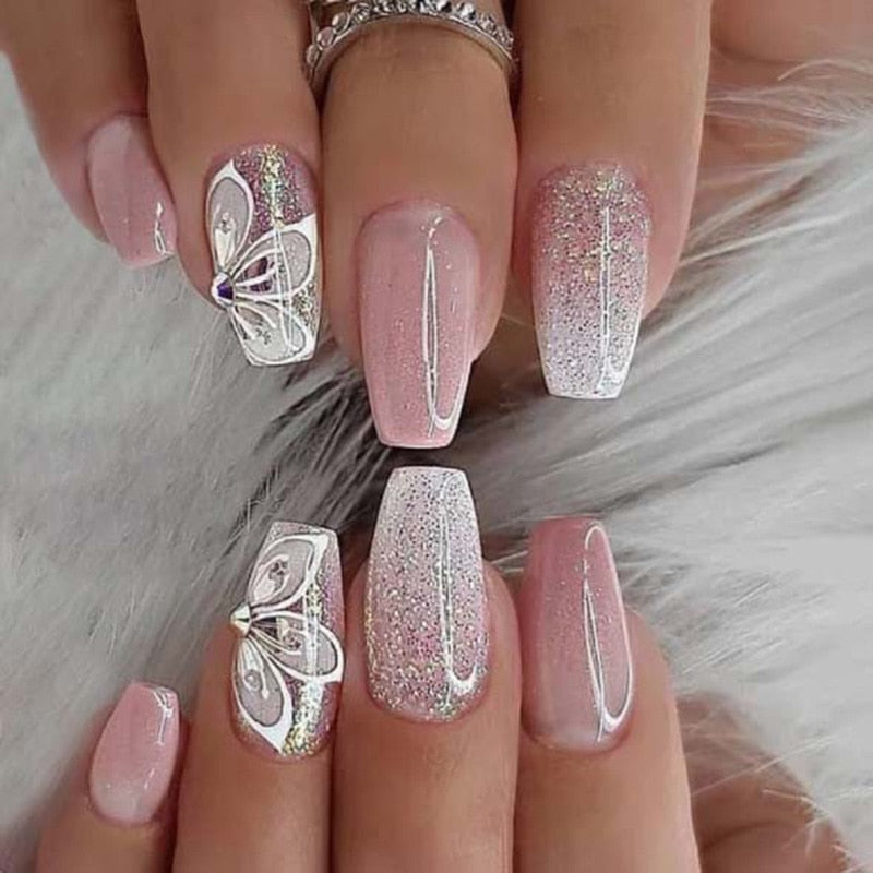 Wholesale 24Pcs/Set Wearable Pink Press On Fake Nails Tips Butterfly Gradual Shining Pink Pure Water Diamond Nail Wearing Parts