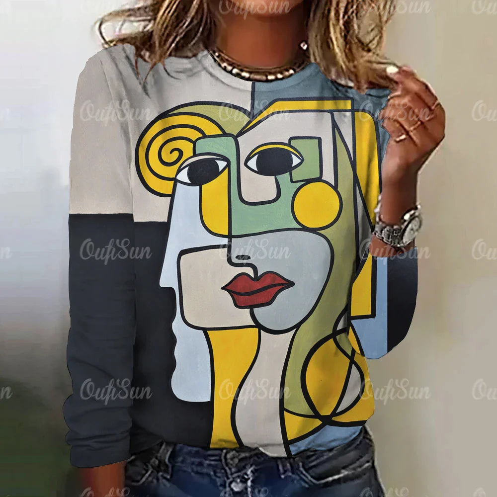 Autumn Funny Face Painting Women's Long Sleeve Top T-Shirts Girls Harajuku Colorful Gothic Tee Oversized Female Fashion Clothing W010203-SM11492