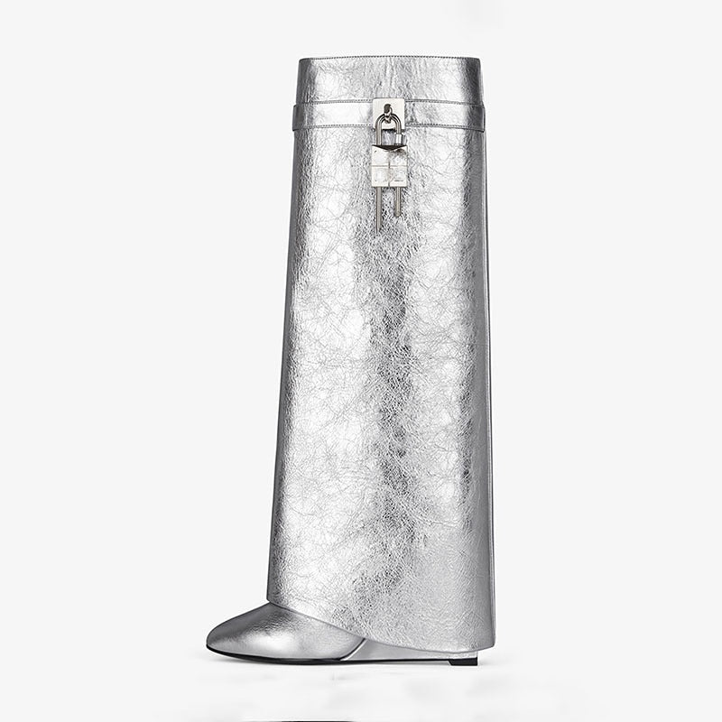 Women's New Knee High Boots Shark Lock Long Thick Soled High-heeled Boots Designer Luxury Brand Women's Leather Boots