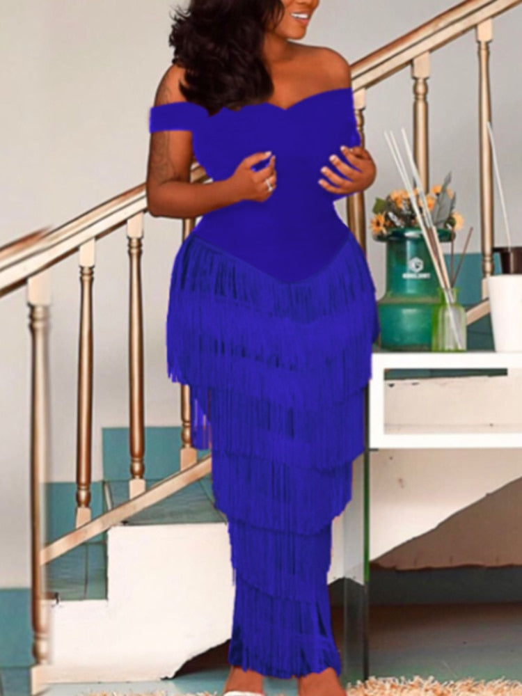 Femmes robes bleu glands frange Sexy fête épaule dénudée sans manches élégant moulante longue Cocktail tenues d'anniversaire célébrer nouveau