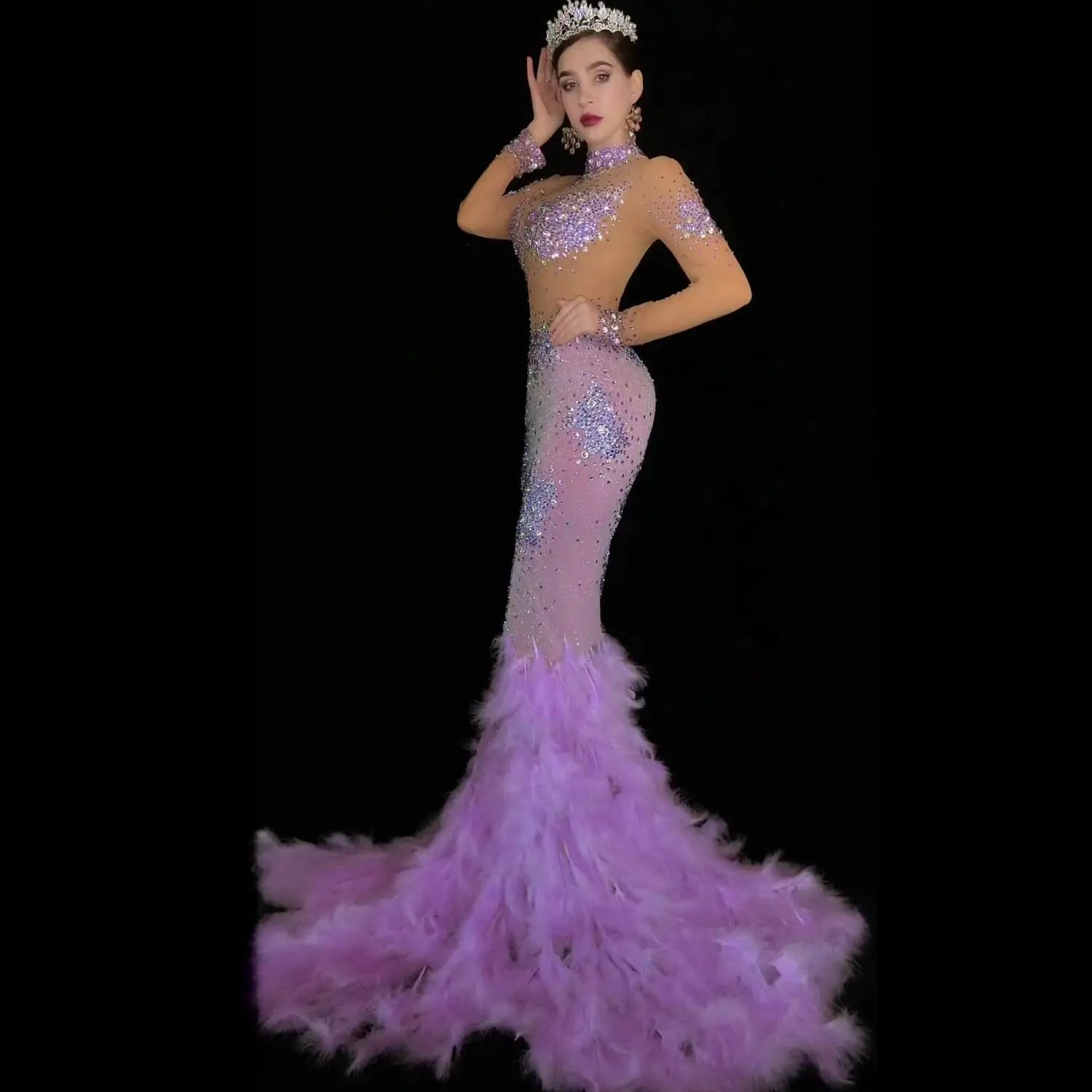 Luxury Rhinestone Long Feather Dresses for Women Birthday Celebrate Evening Prom Gown Singer Performance Stage Costume Shenniao