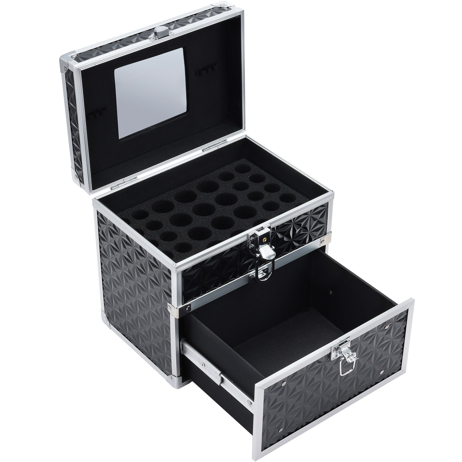 Portable Makeup Box Alloy Make up Train Case Manicure Polish Storage Organzier Beauty Suitcase with Mirror Drawer for Nail Tech Cool black