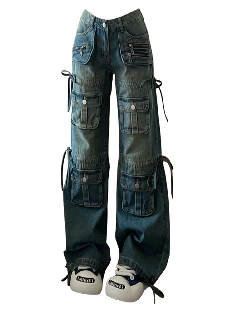 Women BF Style Y2k Streetwear Harajuku Baggy Multi-Pocket Blue Denim Cargo Pants Low Waisted Wide Leg Jeans 2000s Aesthetic Kpop