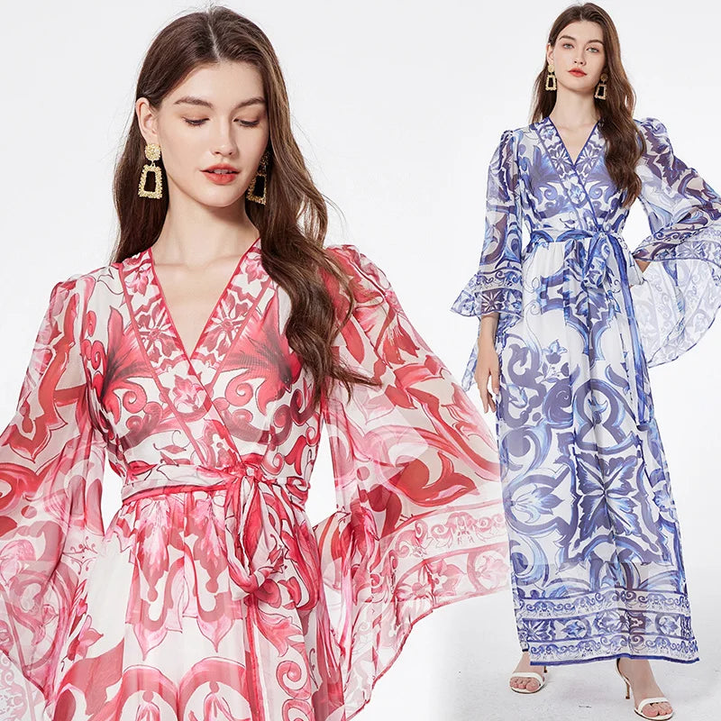 Fashion runway blue white porcelain floral maxi dress for women's summer autumn long sleeve flower printing dresses lady