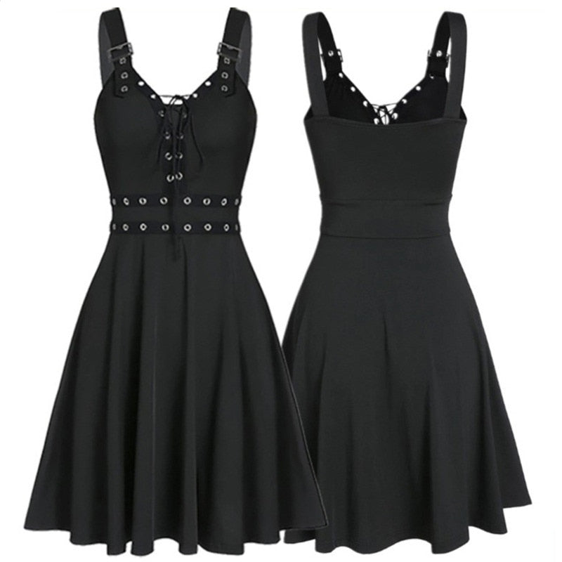 Women Mini Dresses Gothic Black Sexy Deep V Neck Fall Punk Sleeveless Rivet Fashion Tunic Hip Hop Bandage Female Dress