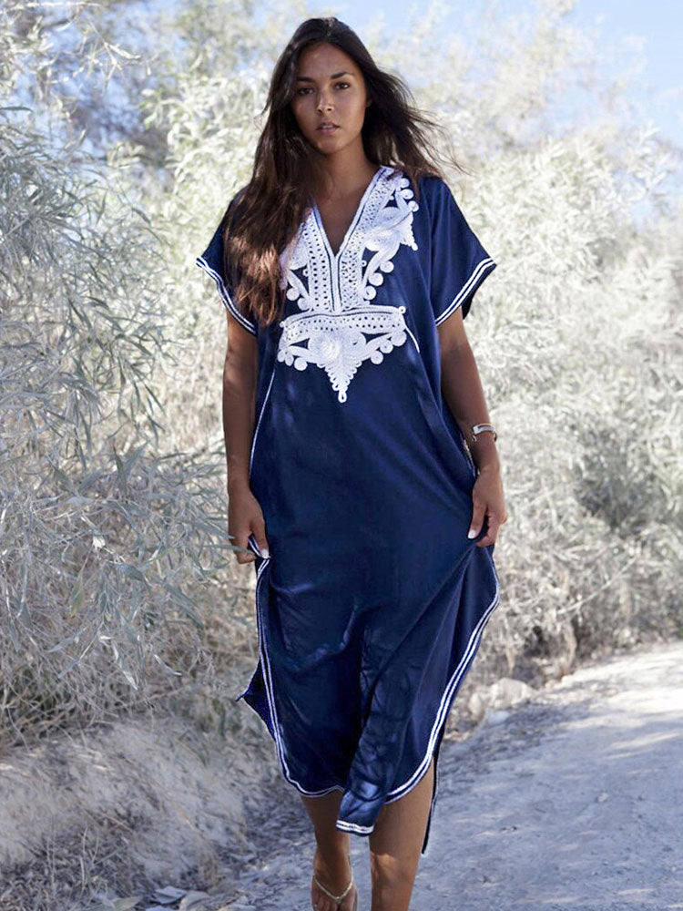 Vintage Embroidery Kaftan Sexy V-neck Batwing Sleeve High Waist Maxi Dress Tunic Women Clothing Summer Beach Dresses Q660