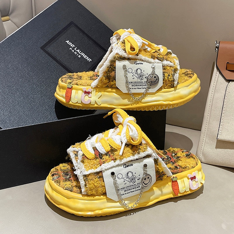 Summer Women Graffiti Slippers Sandals Platform Shoes Mules Flip Flops Street Clogs Flat 2024 New Sweet Casual Shoes For Female