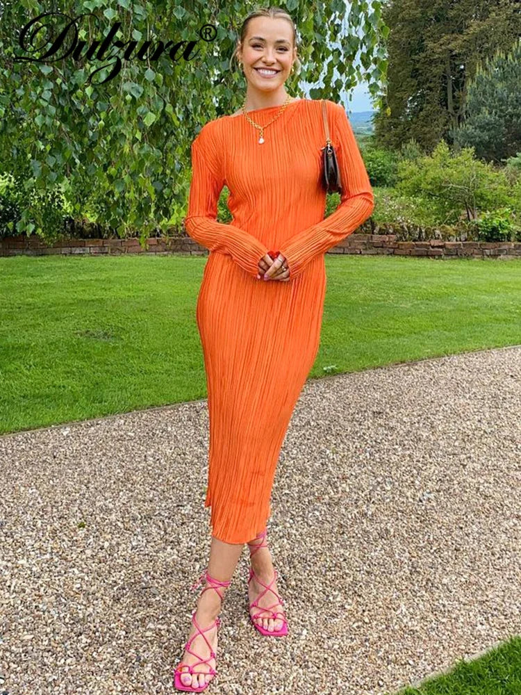 Autumn Striped Ruched Ruffle Sexy Y2K Clothes Long Sleeve Bodycon Midi Dresses For Women Club Party Elegant Outfit