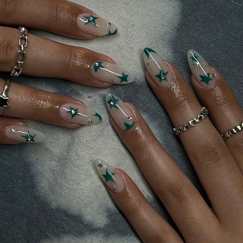 Wearable Silver Stripes Y2k False Nails Long Almond Round Fashion Nail Tips Press On With Silver Beads Designs Fake Nails Art style 9