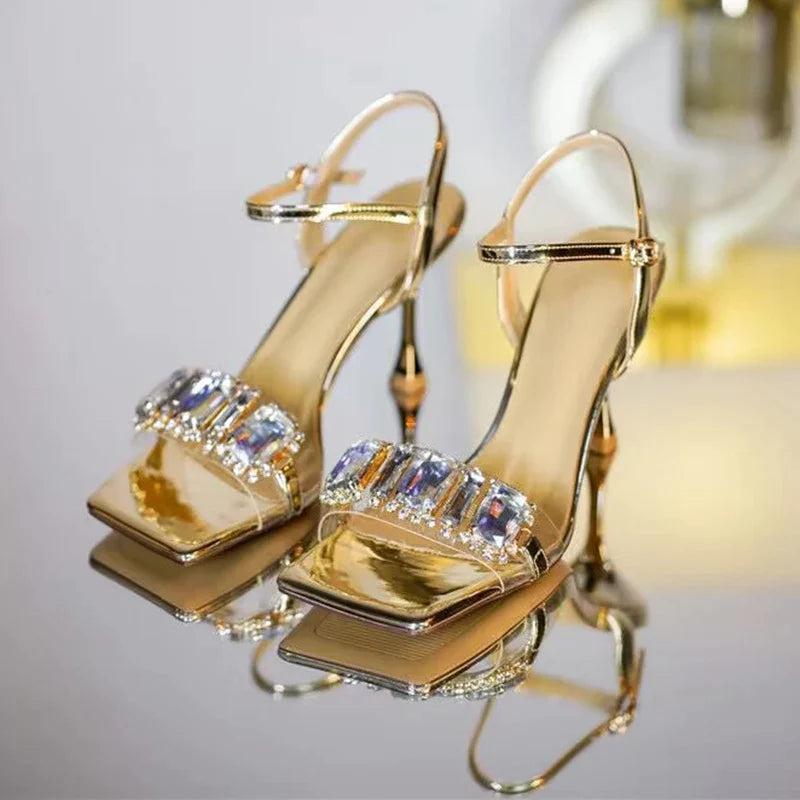 Gold Silver High Heels Sandals Women Summer Square Toe Shiny Crystal Sandals Woman Ankle Straps Thin Heel Party Pumps Shoes Gold