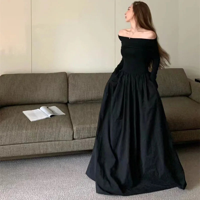 Black Elegant Slash Neck Long Dress Women Y2K Spring Korean Sexy Off Shoulder Long Sleeve Dress Fashion All Match Party Vestidos