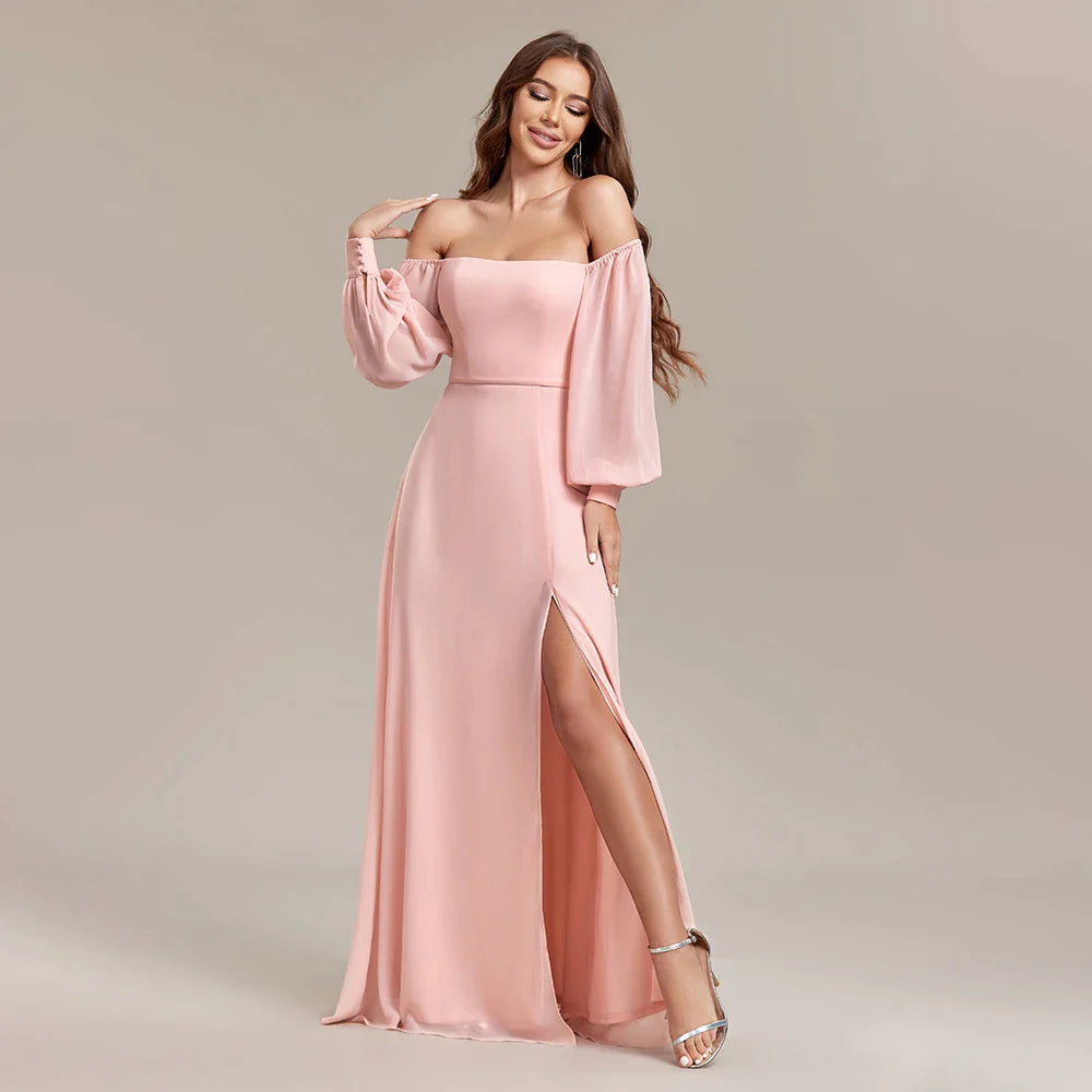 Women Strapless Pink Long Sleeved Bridesmaid Dresses Chiffon Free Wear Square Neck Party Gown Elegant Party Dress For Wedding