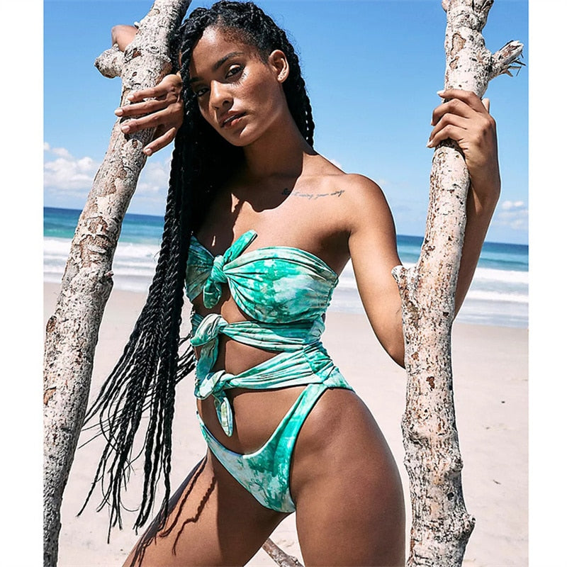 Sexy One Piece Swimsuit Swimwear - Double Sided Green Print Hollow Knotted Bathing Suit Beachwear Trajes De Bano Mujer