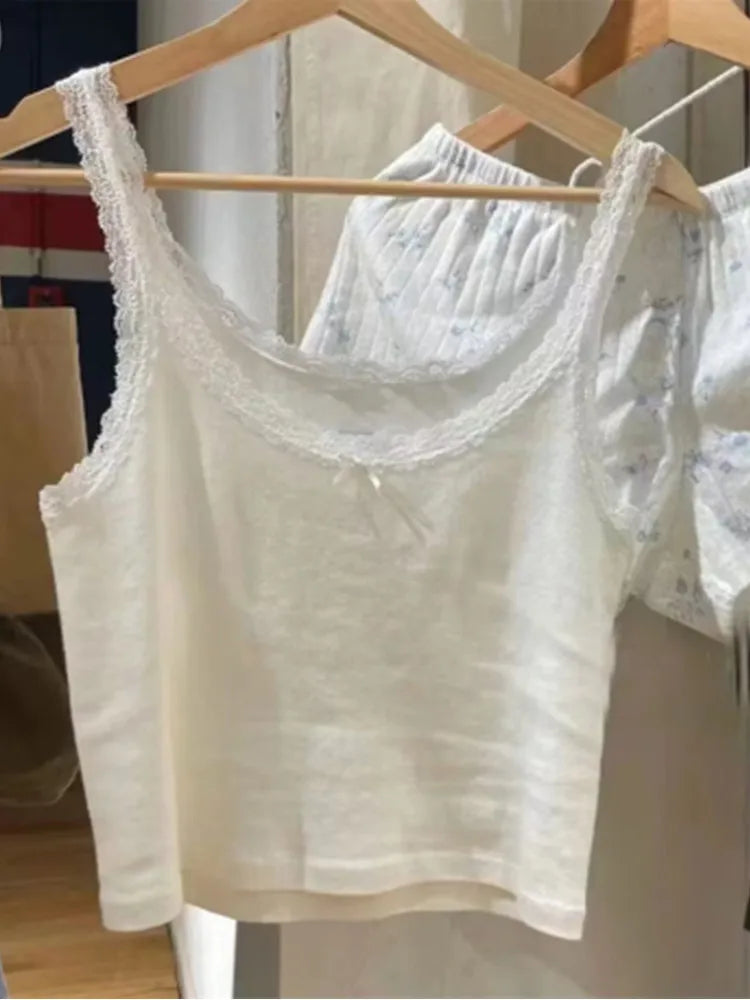 Casual Women Fashion Soft Cotton White Bow Ornament Tanks Summer Vintage O Neck Lace Edge Sleeveless Female Chic Tops