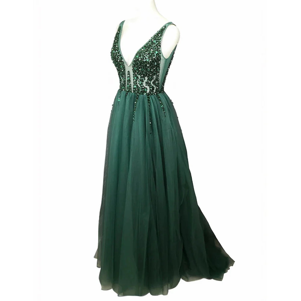 Sexy V Neck Evening Dresses for Women Green Crystal Beaded Beads Backless Prom Formal Gown green