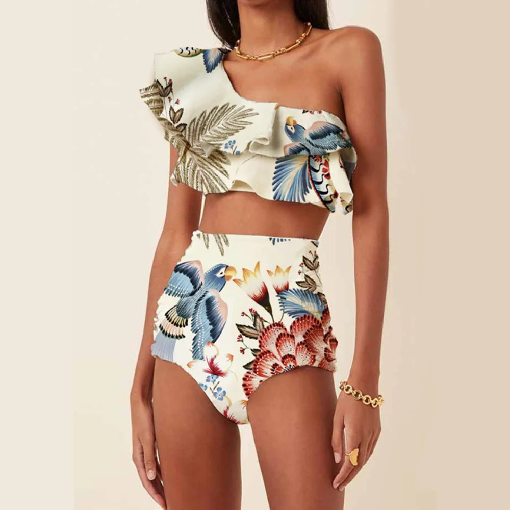 Fashion One Shoulder Ruffle Swimsuit Colorful Parrot Print Bikini High Waist Backless Sexy Beachwear Chic Pool Wear Women Beige