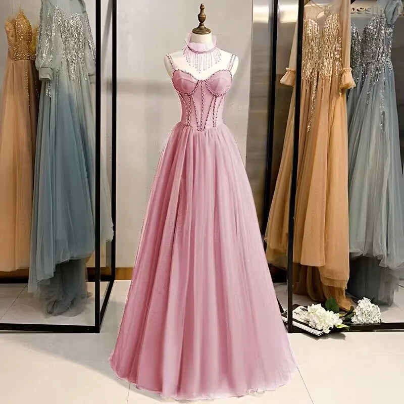 Prom Party Dresses Sexy See-Through Bodice Floor Length Evening Dress Formal Occasion Gown Pink