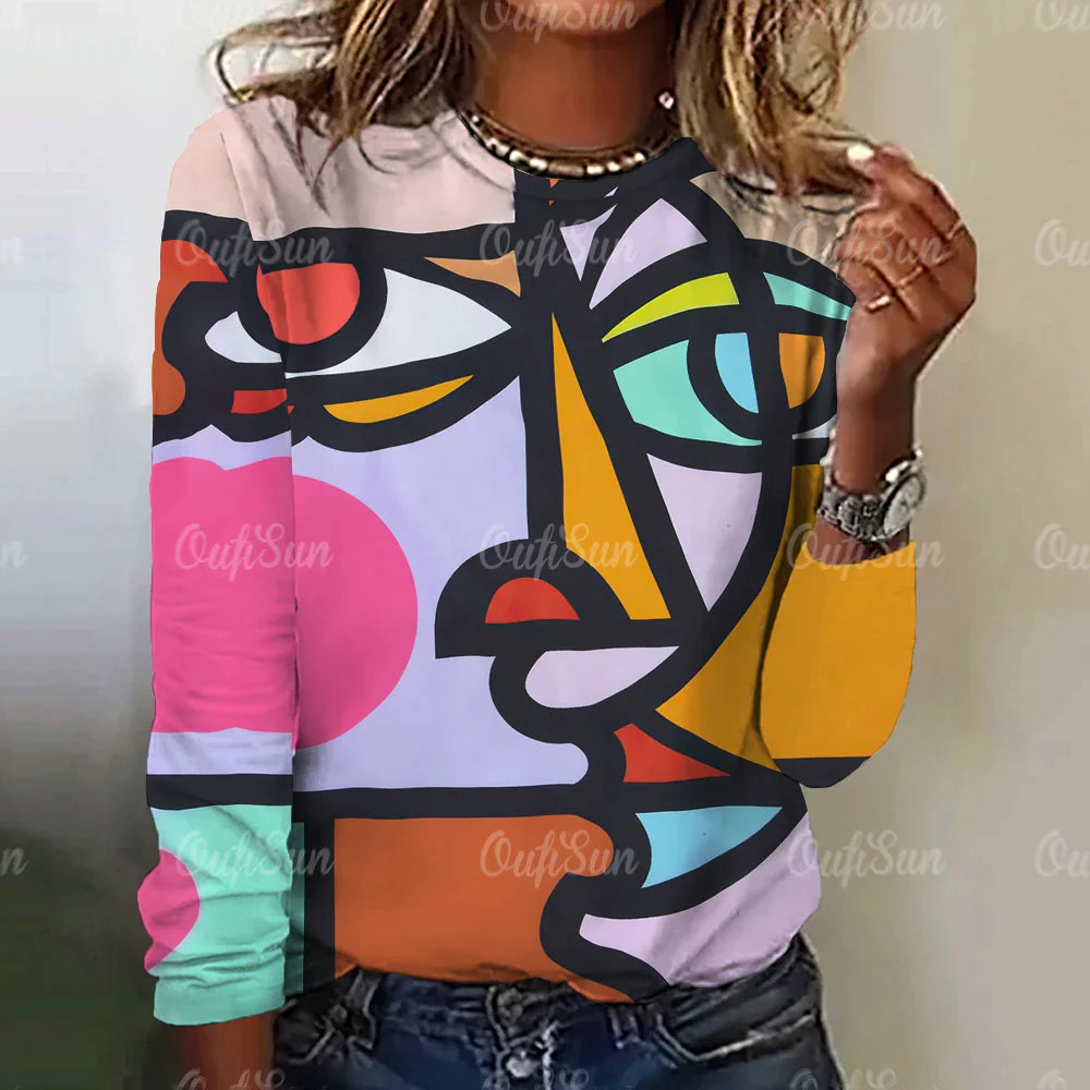 Autumn Funny Face Painting Women's Long Sleeve Top T-Shirts Girls Harajuku Colorful Gothic Tee Oversized Female Fashion Clothing