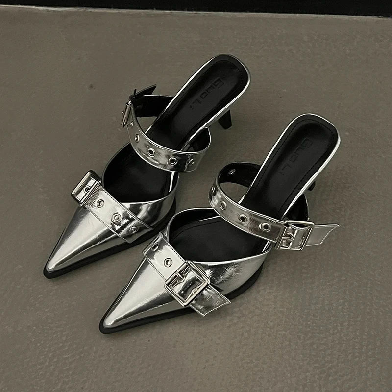Punk Goth Metal Buckle High Heels Women's Sandals Summer Pointed Toe Silver Party Shoes Fashion Womens Pumps Shoes Tacones Silver 6cm Heel high 35