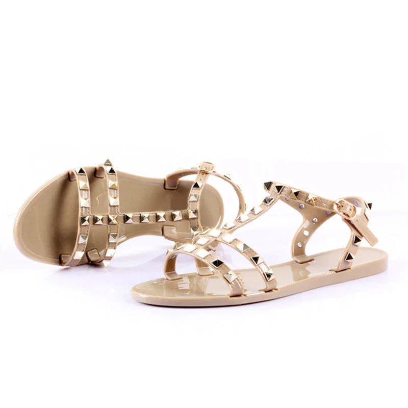 Fashion Summer Rivets Flat Comfortable Women Sandals Feminina Slippers Size 36-41 Beige