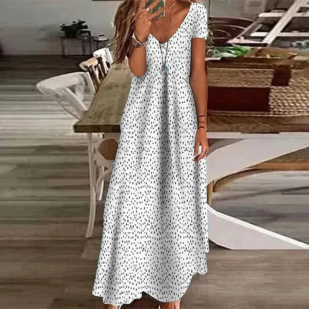 Summer Boho Floral Polka Dot V Neck Long Maxi Dress Elegant Ladies Holiday Beach Loose Retro Sundress
