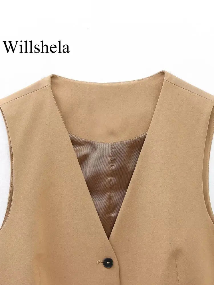 Willshela Women Fashion Khaki Cropped Vest V-Neck Single Breasted Sleeveless Female Chic Lady Outfit Short Top Tank