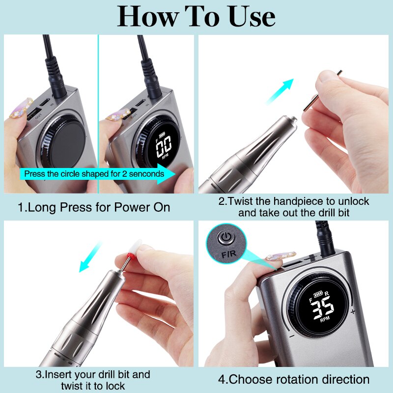 YOKEFELLOW Kit de perceuse à ongles professionnelle 35000 tr/min lime à ongles électrique Portable Rechargeable pour manucure ongles en Gel acrylique