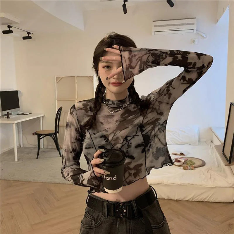 Long Sleeve T-shirts Women Tie-dye Printed Summer Sun-proof Cropped Tops Fashion High Street Gauze Korean Style Chic Teens Retro Lnk Color