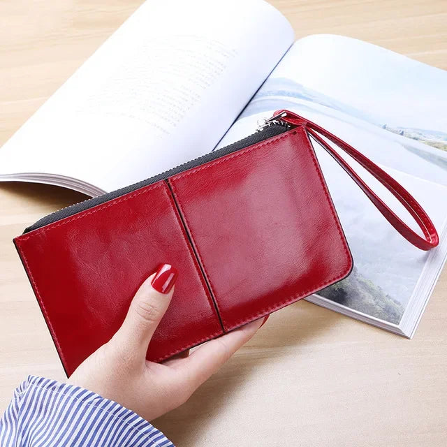 Women's Vintage Oil Wax Leather Zipper Clutch Wallet Female Large Capacity Coin Purse Ladies Wristband Simple Card Holder Wallet Red
