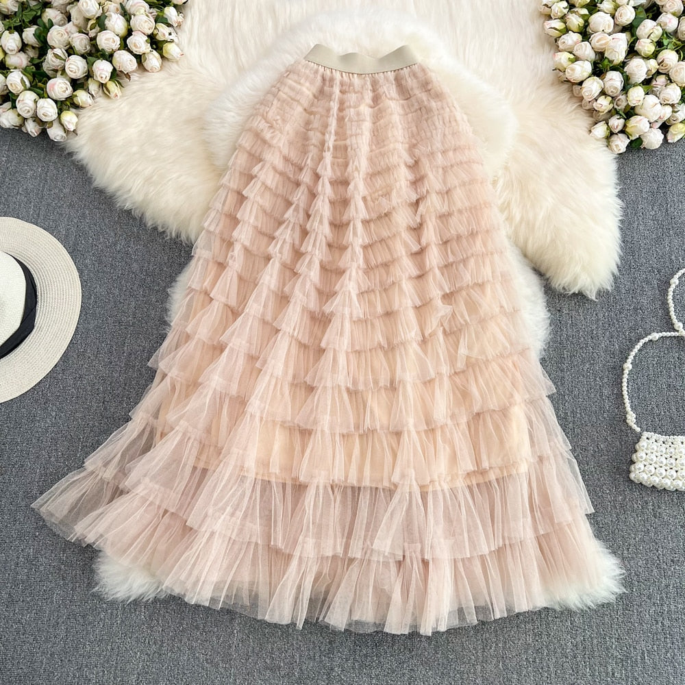 Super Long 97cm Maxi Tulle Skirts for Women 2024 New Chic Patchwork Cake Skirt Multilayer Large Swing A-Line Skirts Mujer Faldas