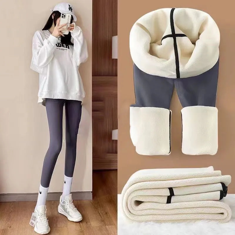 Women Winter Leggings Plush Up Thermal Waist Lamb Fleece Tight Warm Trousers Casual Cashmere Pants for Women High Waist gray Plush