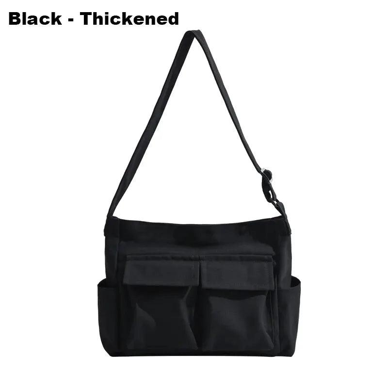 Women Vintage Handbag Canvas Teenager Shoulder Tote Bags Messenger Bags Ladies Casual Handbag Crossbody Purse Black-Thickened