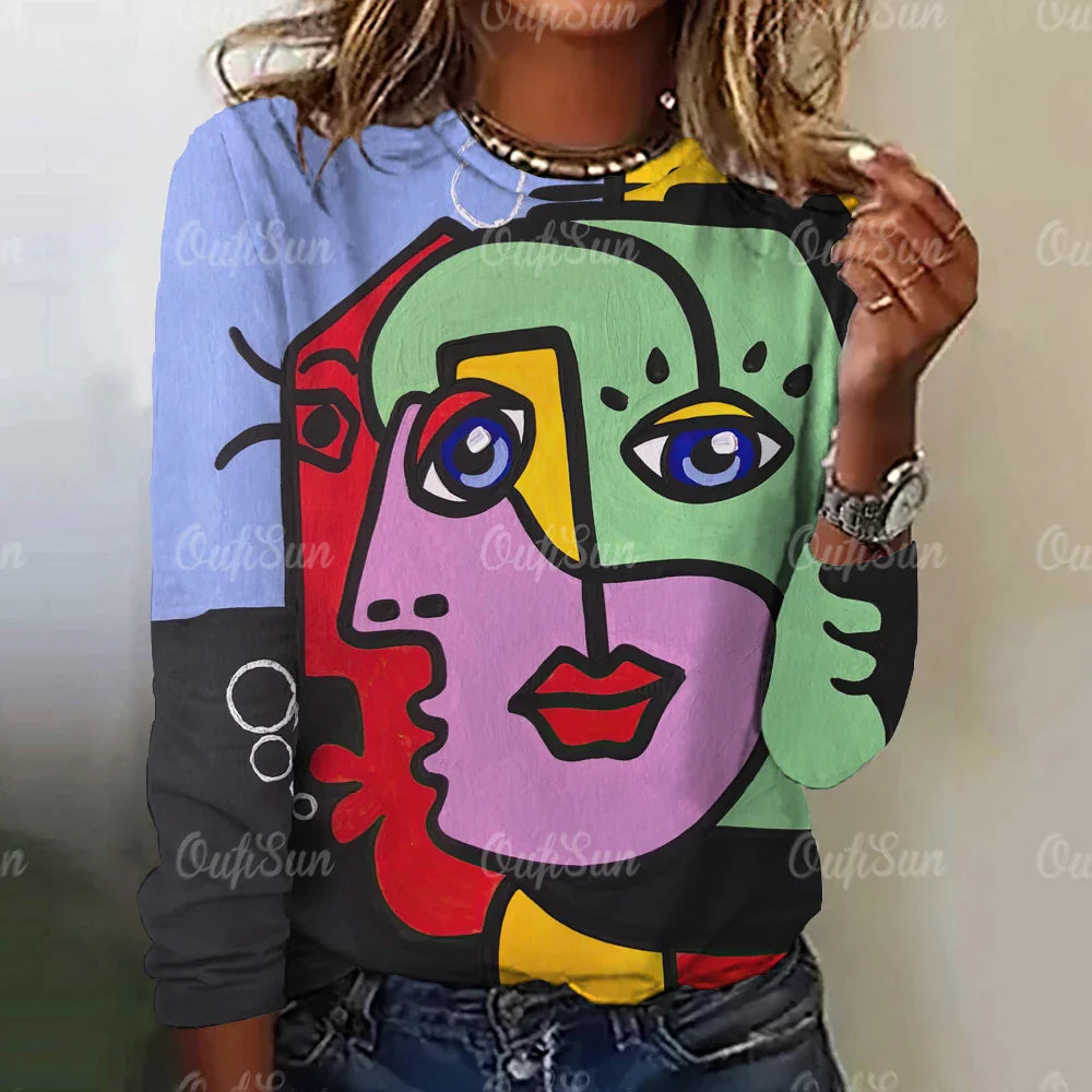 Autumn Funny Face Painting Women's Long Sleeve Top T-Shirts Girls Harajuku Colorful Gothic Tee Oversized Female Fashion Clothing
