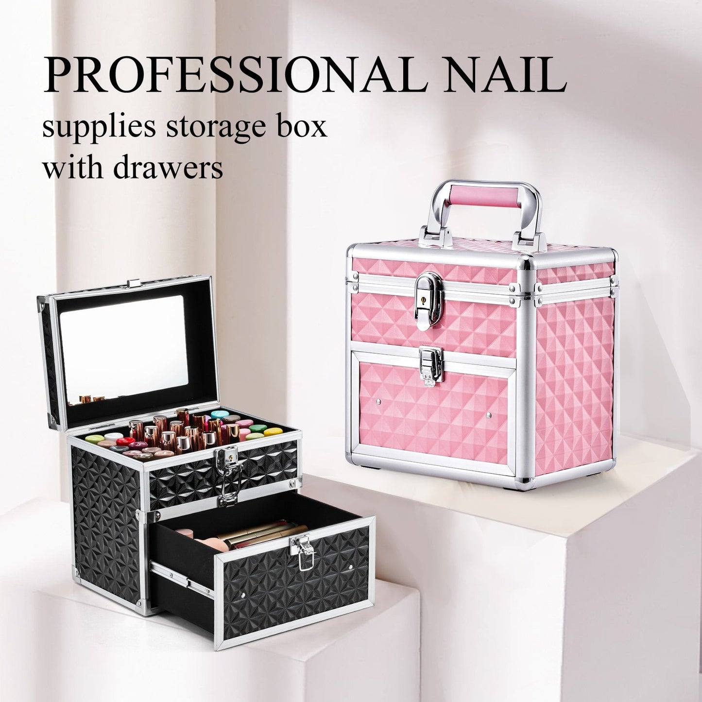 Boîte de maquillage Portable en alliage, mallette de maquillage pour vernis à manucure, organisateur de rangement, valise de beauté avec tiroir miroir pour technologie des ongles