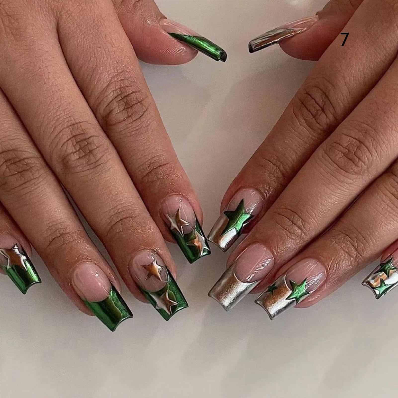 Wearable Silver Stripes Y2k False Nails Long Almond Round Fashion Nail Tips Press On With Silver Beads Designs Fake Nails Art style 4