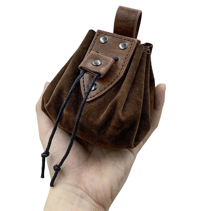 Unisex Medieval Vintage Money Pouch Bag Fanny Pack Belt Costume Props Faux Leather Cosplay Drawstring Bag Portable Coin Purse Brown1