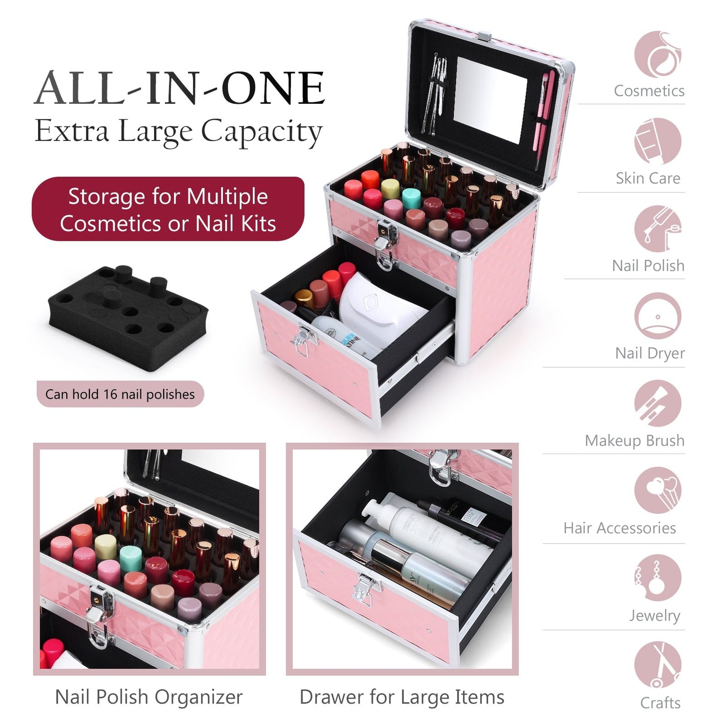 Boîte de maquillage Portable en alliage, mallette de maquillage pour vernis à manucure, organisateur de rangement, valise de beauté avec tiroir miroir pour technologie des ongles