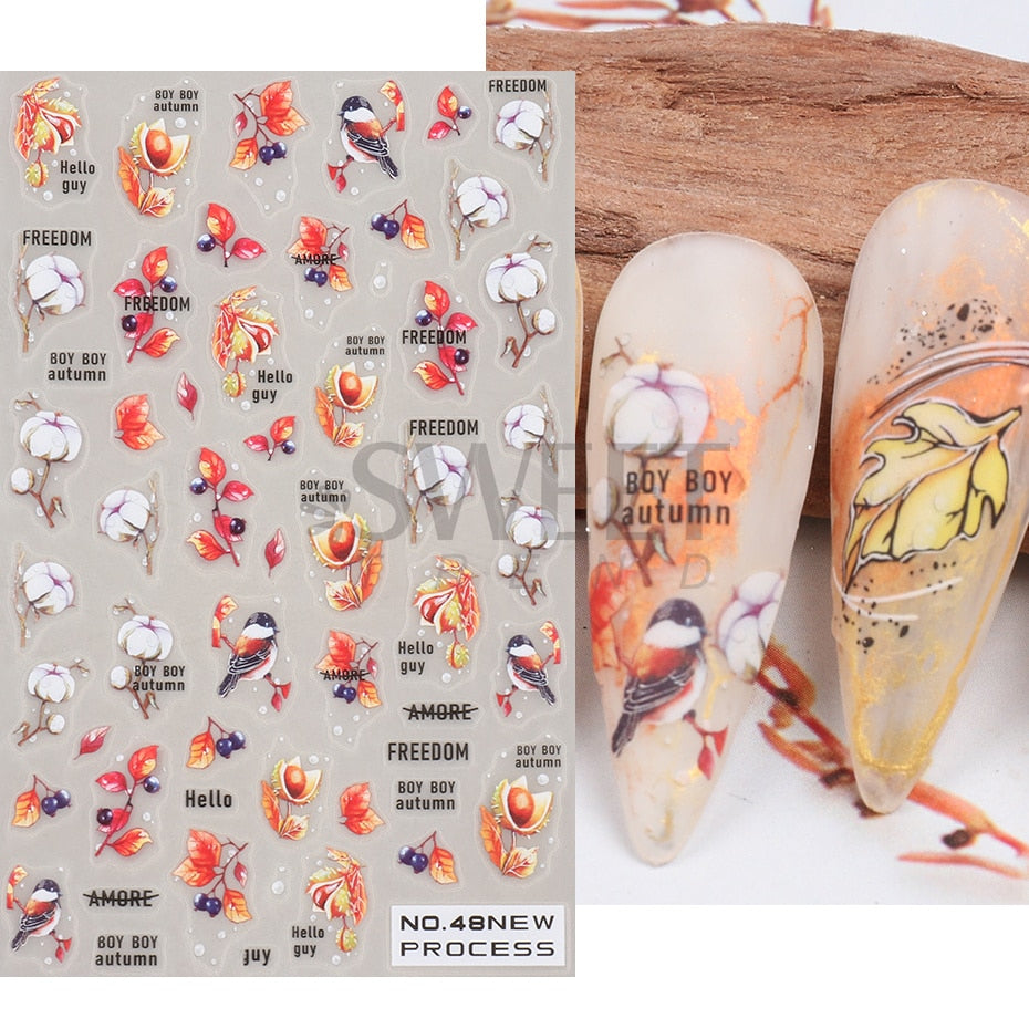 Snow Bird Winter Autumn Nail Art Stickers Maple Leaf Cotton Flower Fall Design Line Adhesive Sliders Manicure Decoration JINO-48