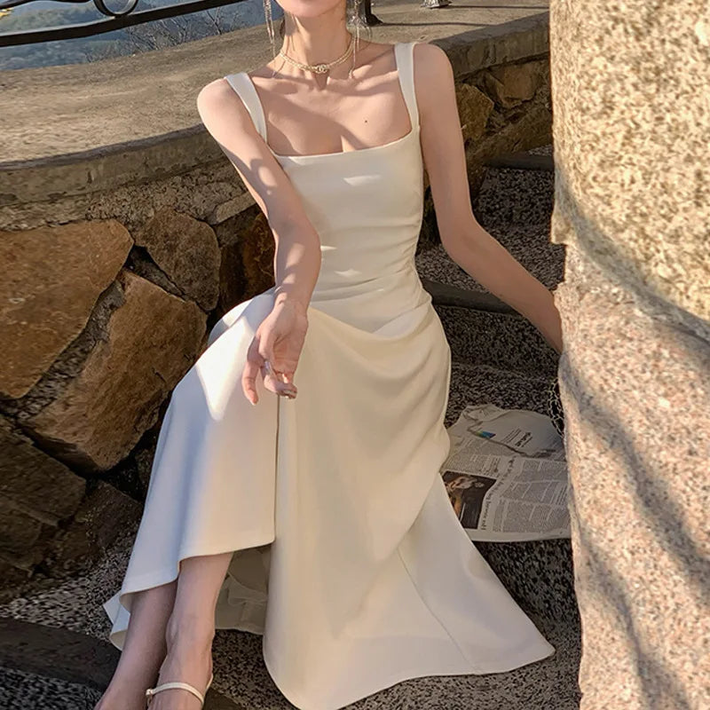 Summer Evening Party White Midi Dress Office Lady Slim Sexy Sleeveless Strap Dress Beach Style Women One Piece Dress Korean